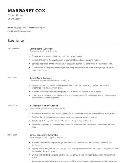 Group Home Supervisor Resume
