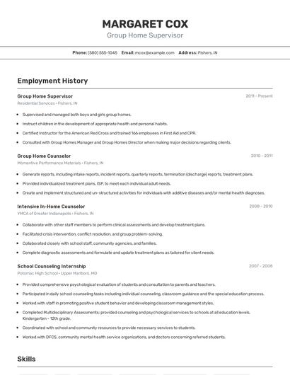 Group Home Supervisor Resume
