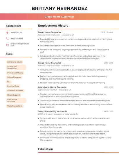 Group Home Supervisor Resume