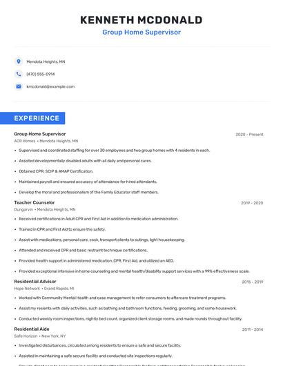 Group Home Supervisor Resume