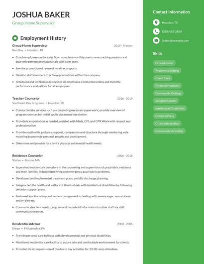 Group Home Supervisor Resume
