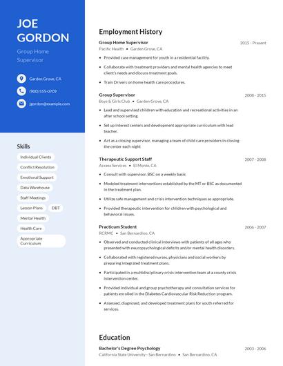 Group Home Supervisor Resume