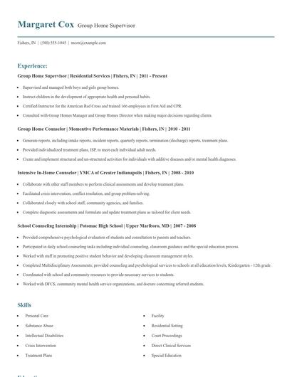 Group Home Supervisor Resume