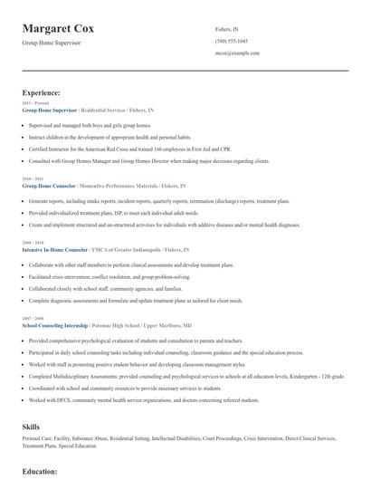 Group Home Supervisor Resume