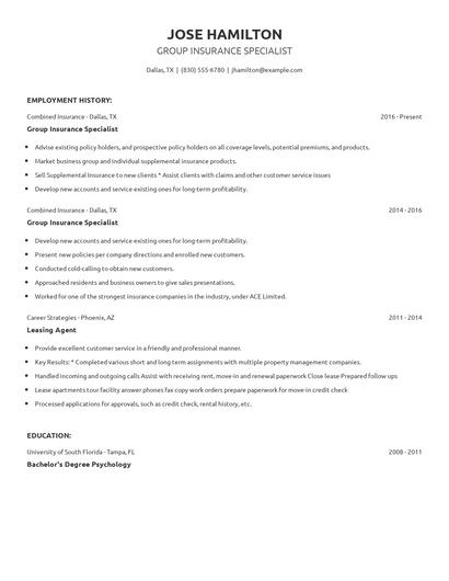 Group Insurance Specialist Resume