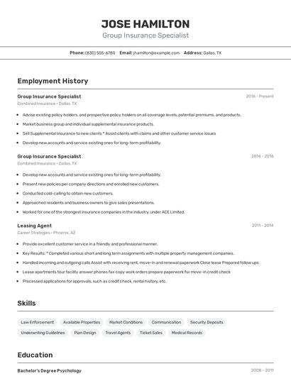Group Insurance Specialist Resume