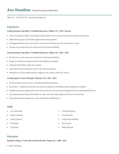 Group Insurance Specialist Resume