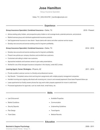 Group Insurance Specialist Resume