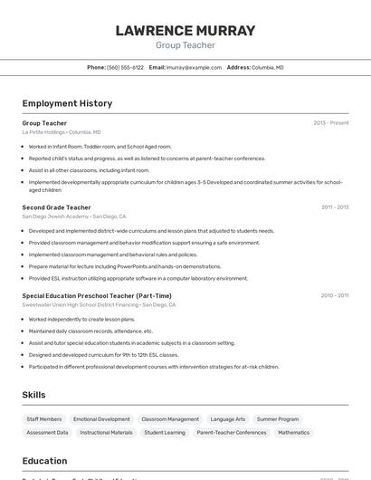 Group Teacher Resume