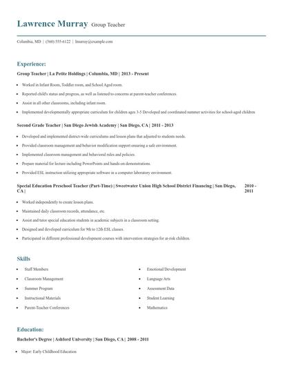 Group Teacher Resume