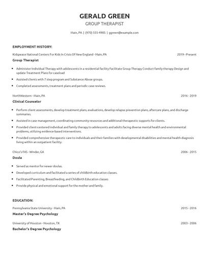 Group Therapist Resume