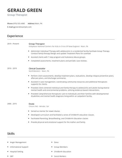 Group Therapist Resume