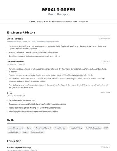 Group Therapist Resume