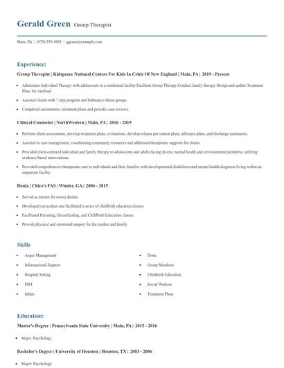 Group Therapist Resume