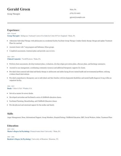 Group Therapist Resume