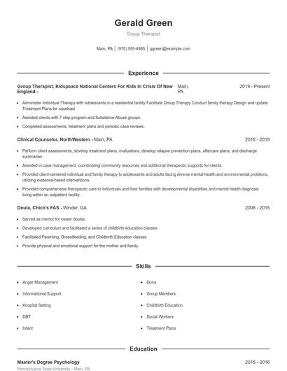 Group Therapist Resume