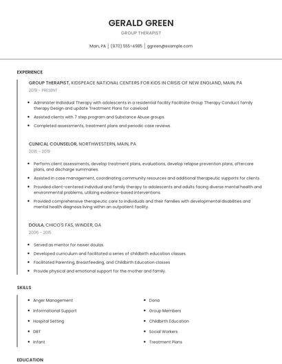 Group Therapist Resume