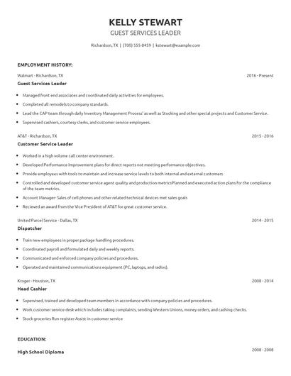 Guest Services Leader Resume