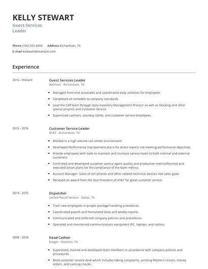 Guest Services Leader Resume