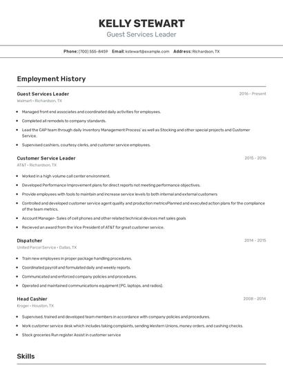 Guest Services Leader Resume