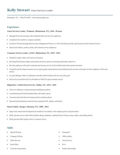 Guest Services Leader Resume