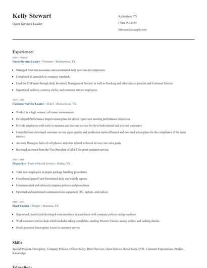 Guest Services Leader Resume