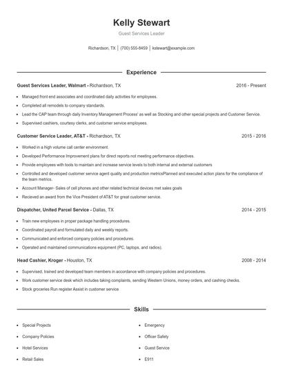 Guest Services Leader Resume
