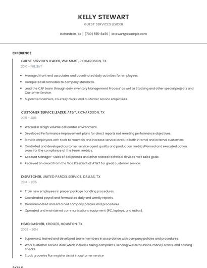 Guest Services Leader Resume