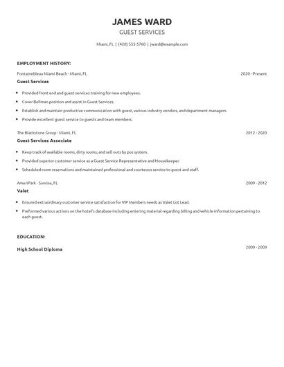 Guest Services Resume