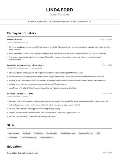 Guest Services Resume