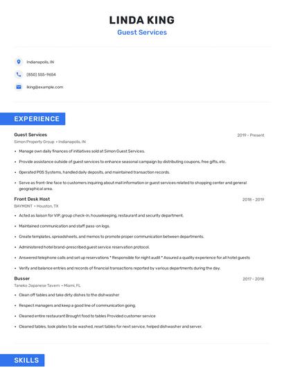 Guest Services Resume