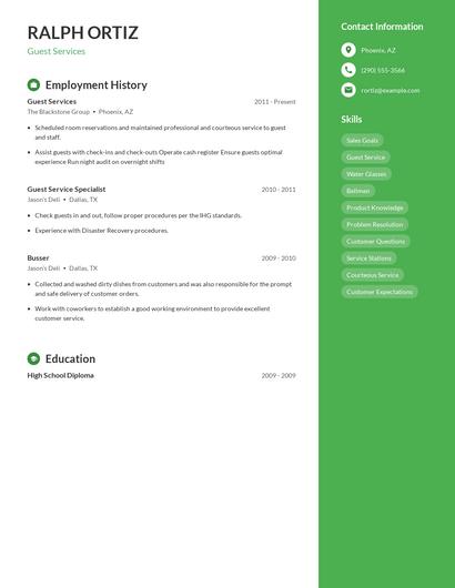 Guest Services Resume