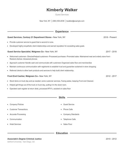 Guest Services Resume