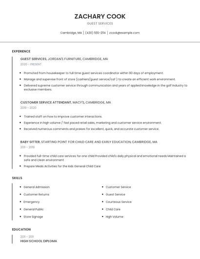 Guest Services Resume