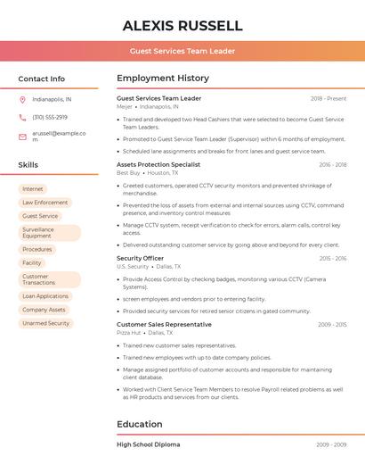 Guest Services Team Leader Resume