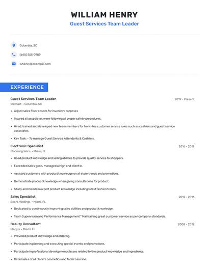 Guest Services Team Leader Resume