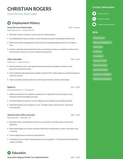 Guest Services Team Leader Resume