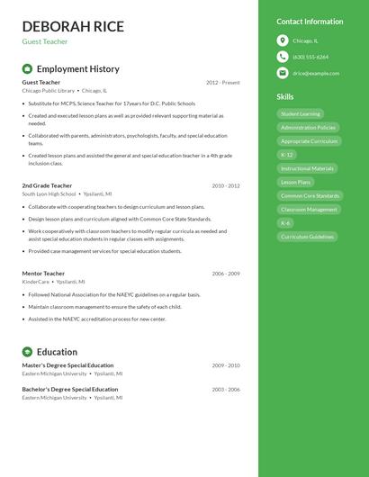 Guest Teacher Resume