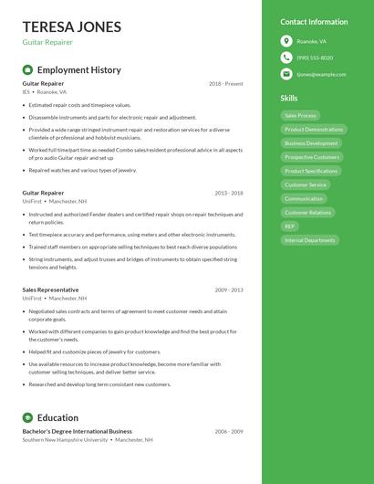 Guitar Repairer Resume