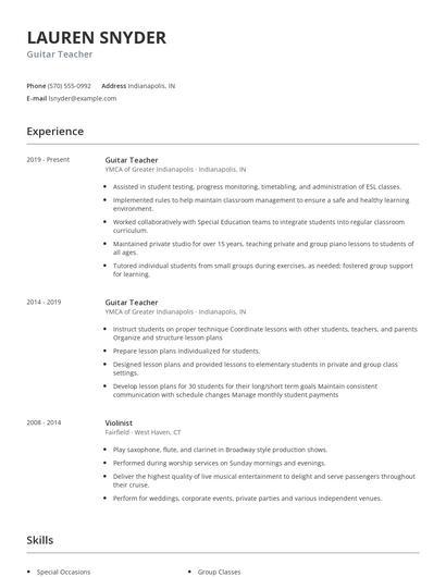 Guitar Teacher Resume