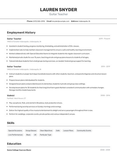 Guitar Teacher Resume