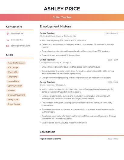 Guitar Teacher Resume
