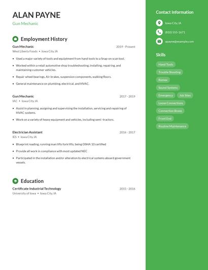 Gun Mechanic Resume