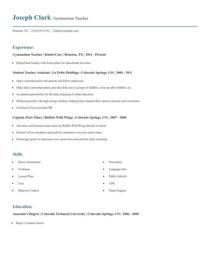 Gymnasium Teacher Resume