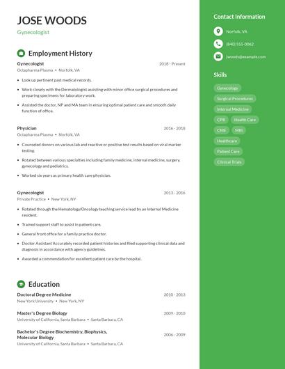 Gynecologist Resume