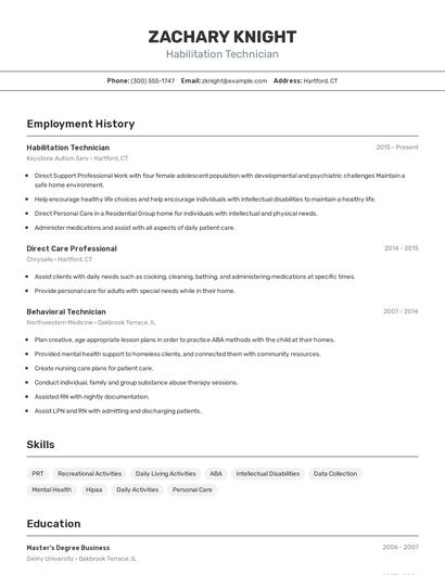 Habilitation Technician Resume