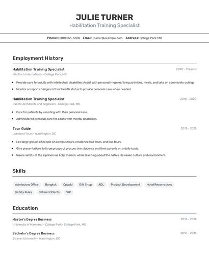 Habilitation Training Specialist Resume