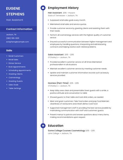 Hair Assistant Resume