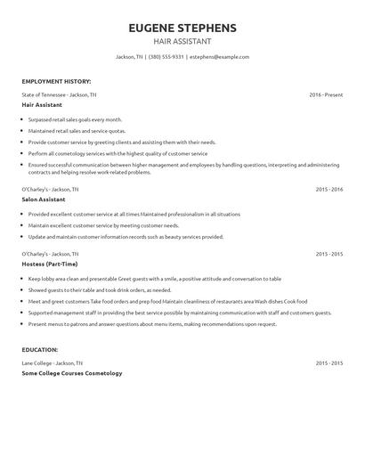 Hair Assistant Resume