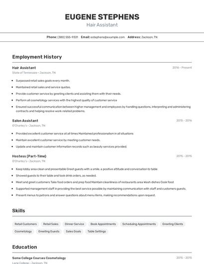 Hair Assistant Resume